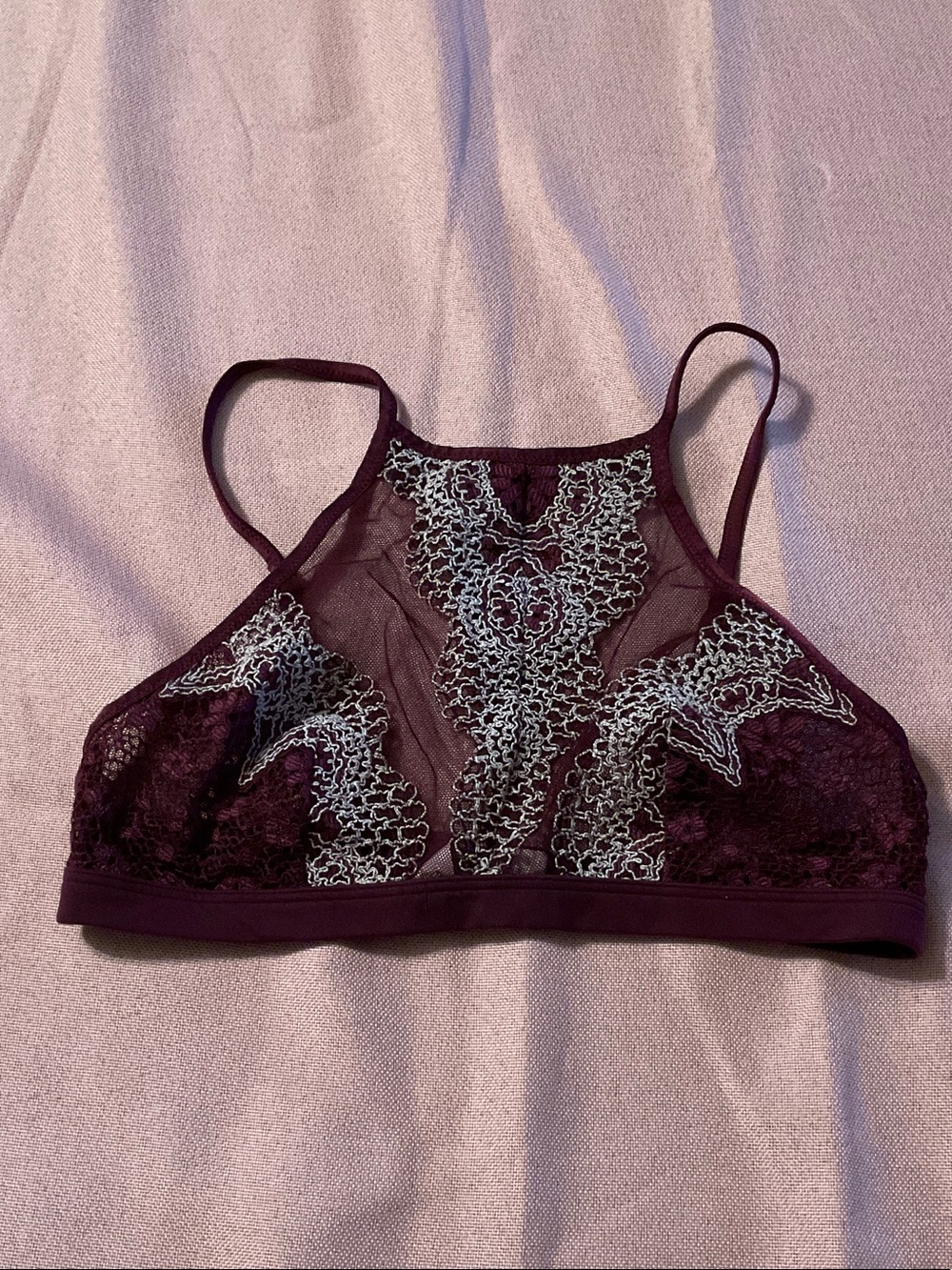 Victoria's Secret Plum Lace High-Neck Bralette with Silver Embroidery